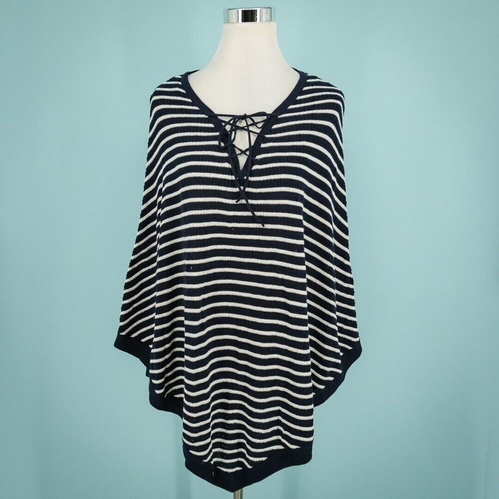 Talbots Size Medium M Blue White Stripe Print Lace Tie Neck Knit Poncho Sweater
